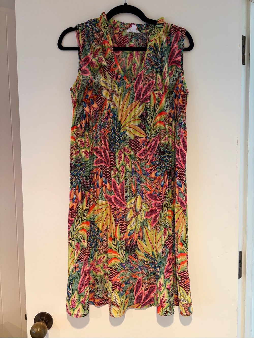 Tropical V-Neck Midi Dress in Pink, Yellow & Green